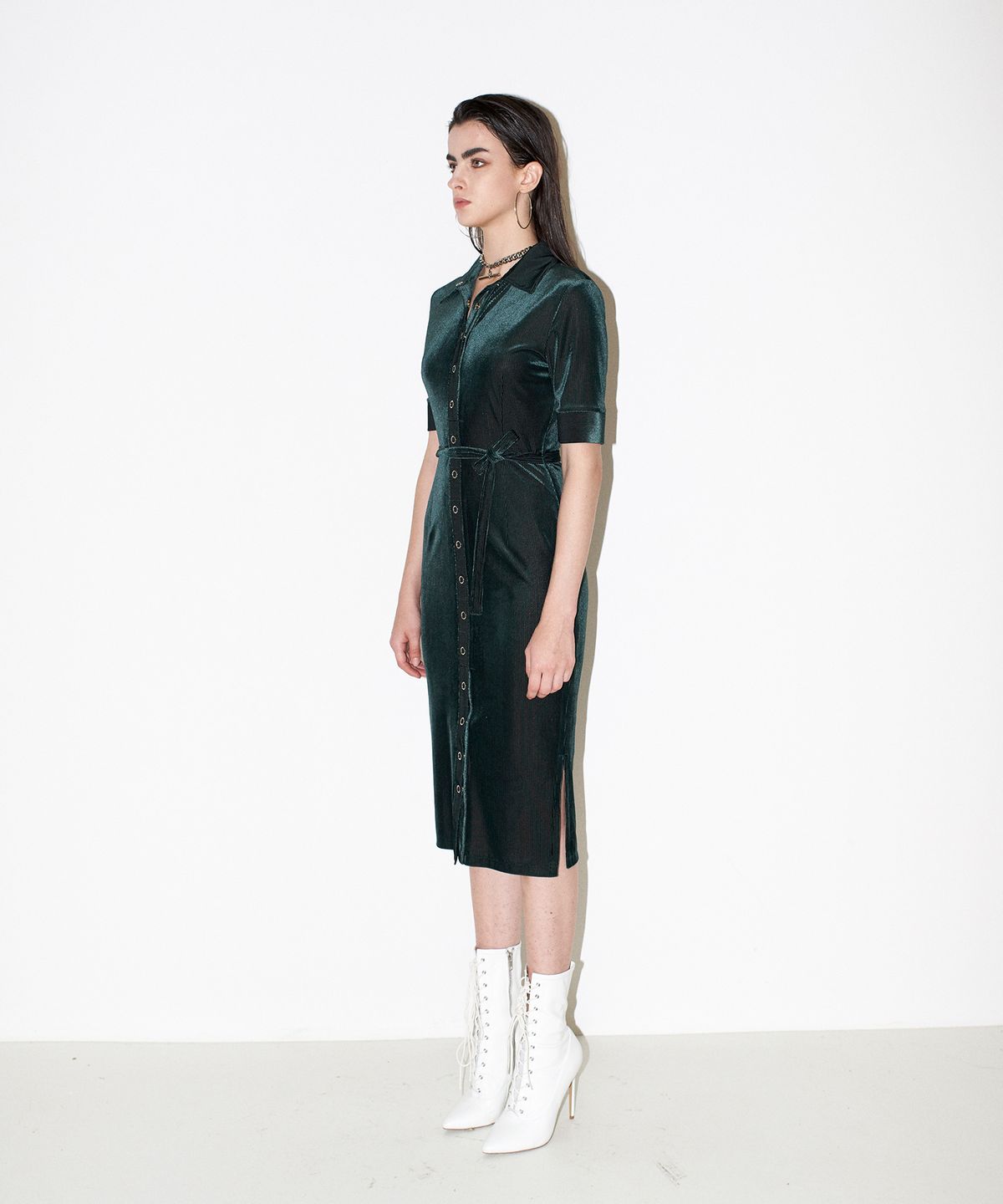 채뉴욕(CHAENEWYORK) Front open velvet dress [Green]