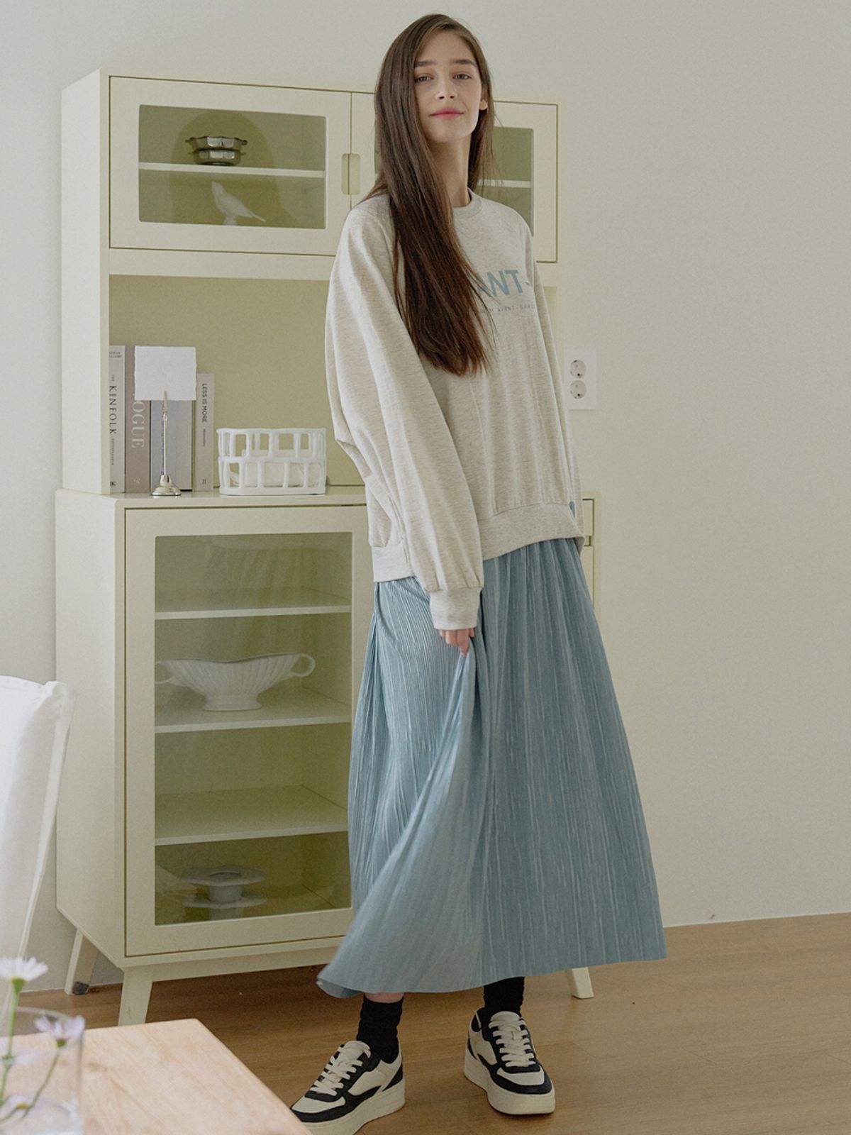 아방(AVANT-G) Logo MTM Pleated Mix Dress - OATMEAL