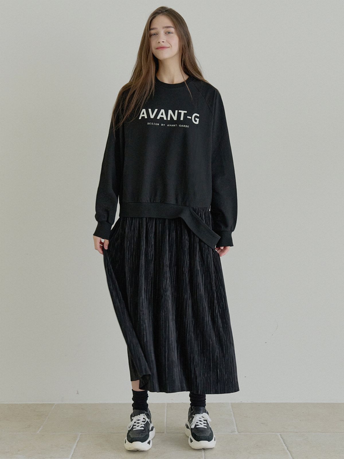 아방(AVANT-G) Logo MTM Pleated Mix Dress - BLACK
