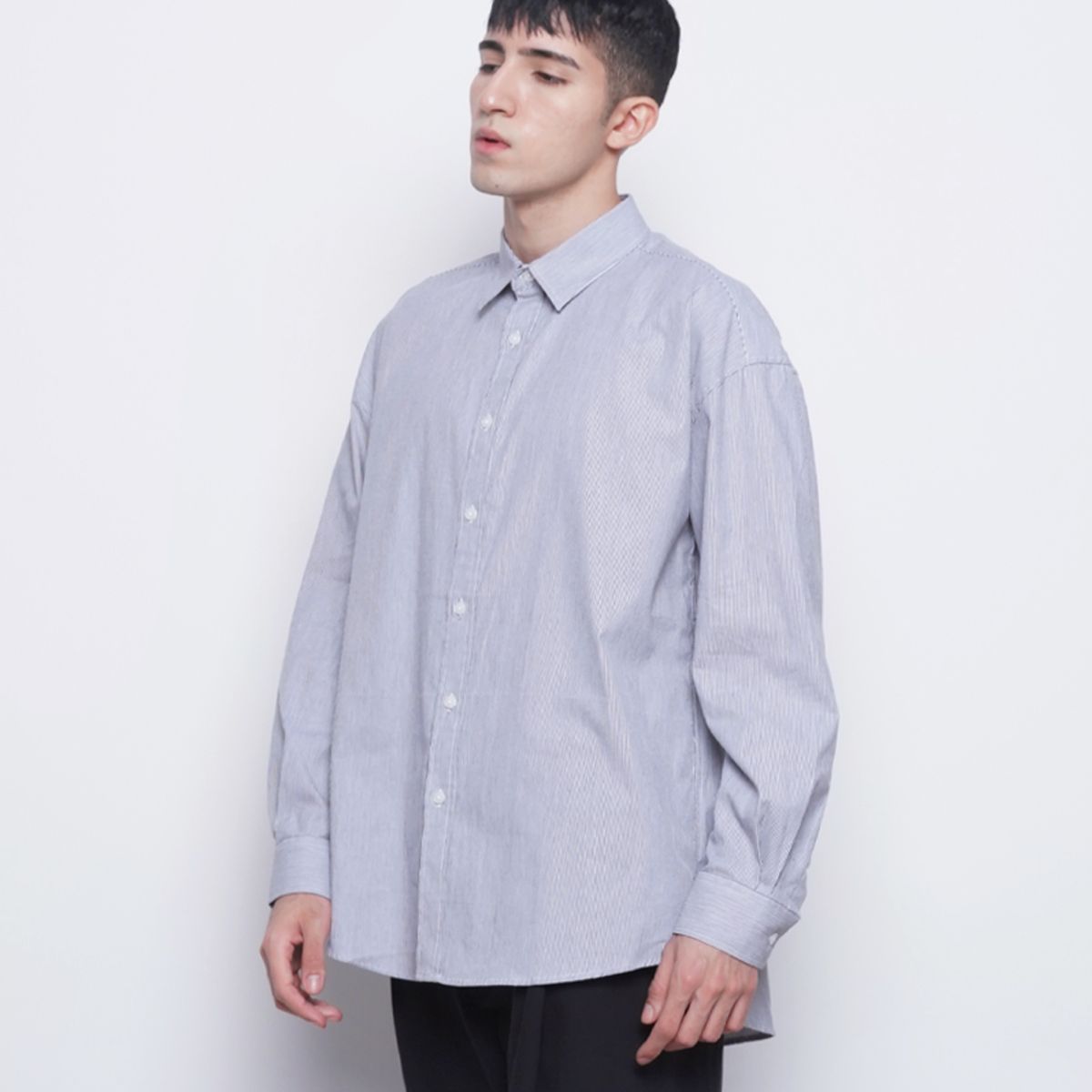 에이본(THE-ABON) M421 stripe cotton over shirts black