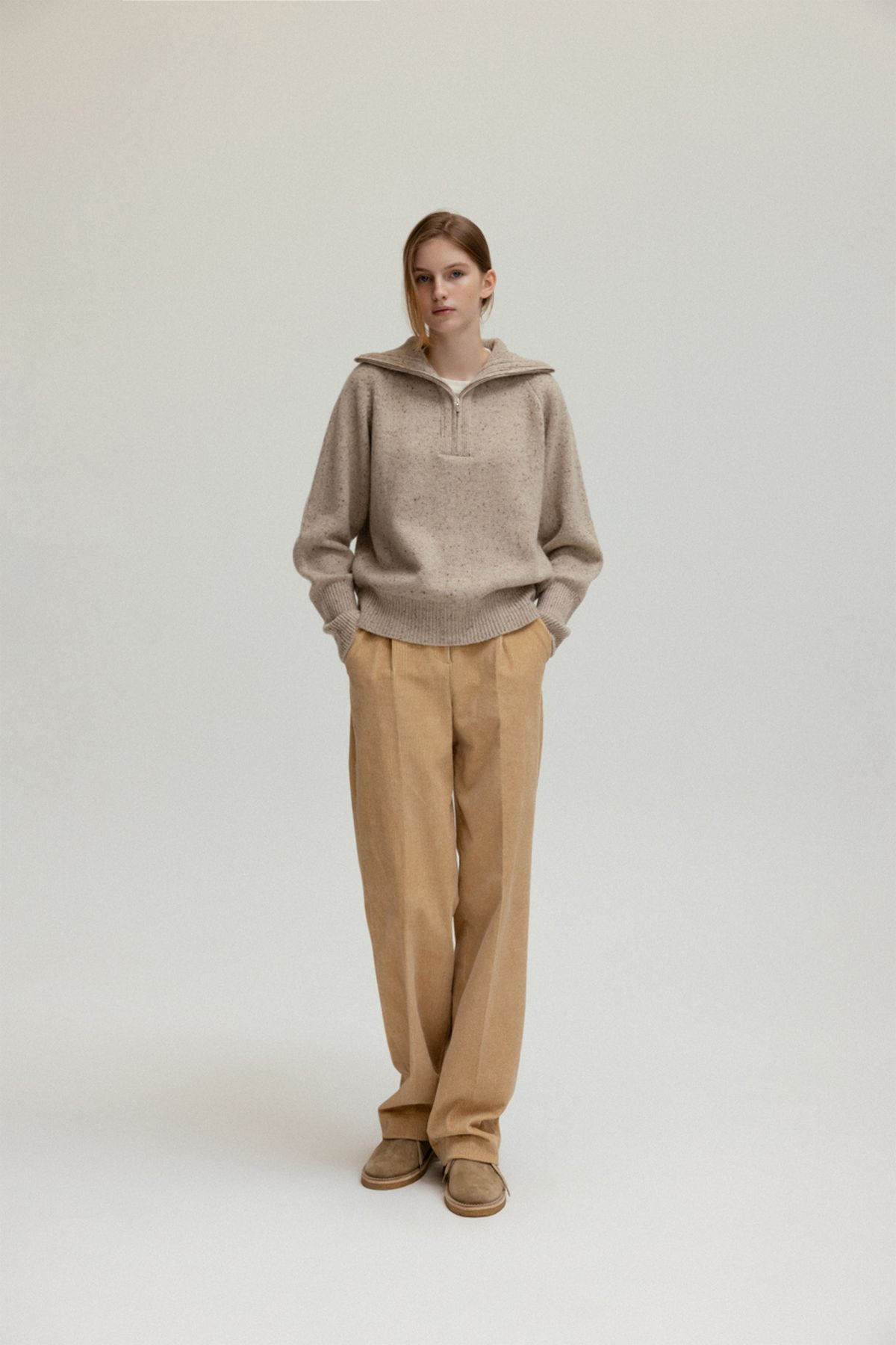 앤니즈(ANDNEEDS) Nep wool halfneck zip-up knit (beige)
