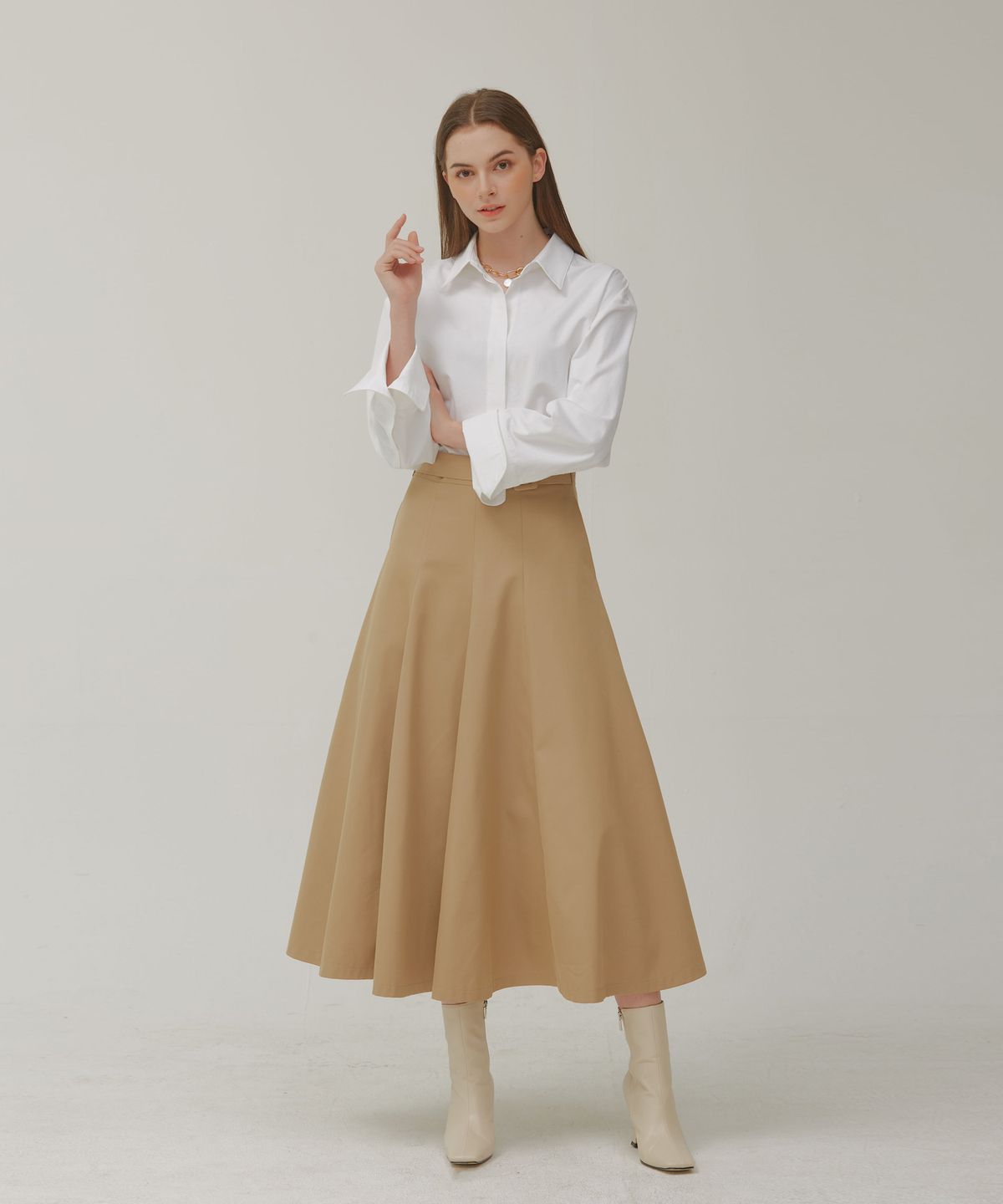 포지티브 바이브(POSITIVE VIBE) A line 8-gore maxi skirt(Sand Beige)