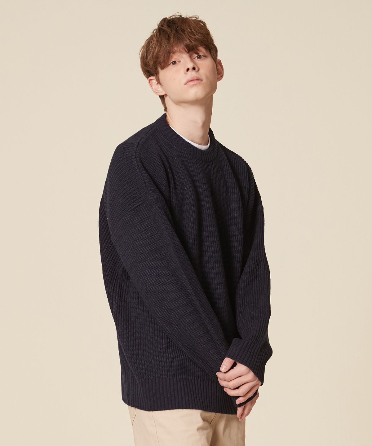 블론드나인(BLOND9) 크루넥 리브 니트 스웨터_네이비