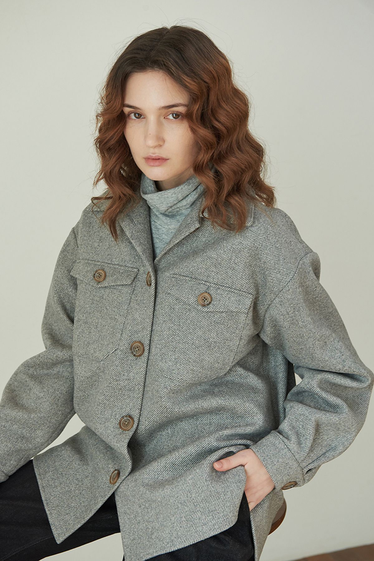 라비올렛트(LA VIOLETTE) Boyfriend Shirt Jacket (Wool Blend) - Grey