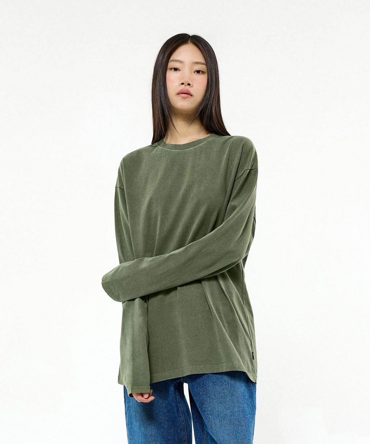 미니멀프로젝트(MINIMALPROJECT) 피그먼트 워시드 오버핏 롱 슬리브 티셔츠 MLT105 [KHAKI]
