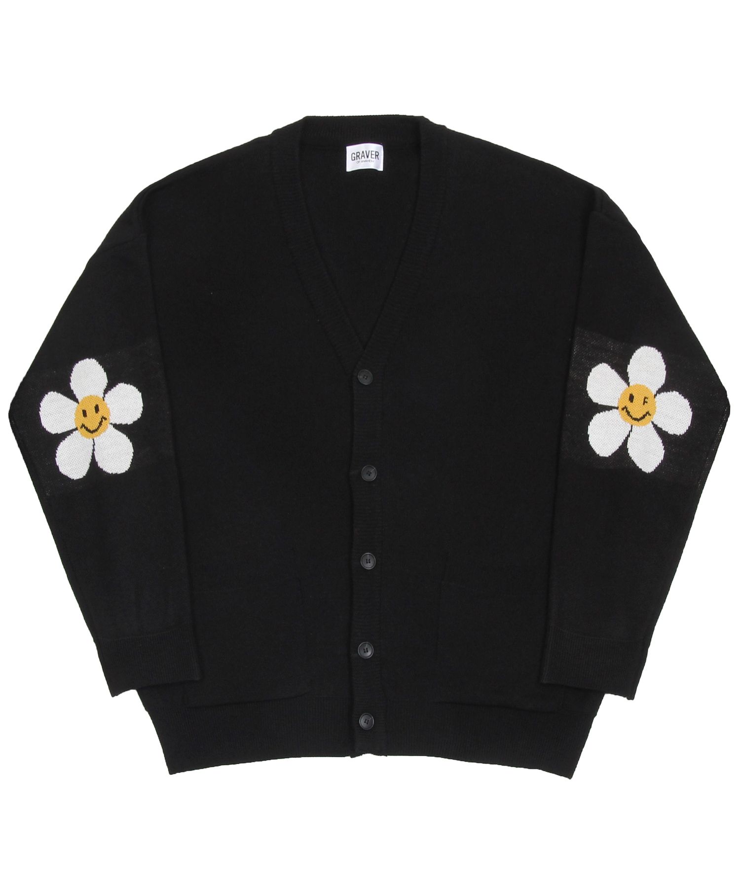 MUSINSA | GRAVER [UNISEX] ELBOW FLOWER SMILE KNIT CARDIGAN_BLACK