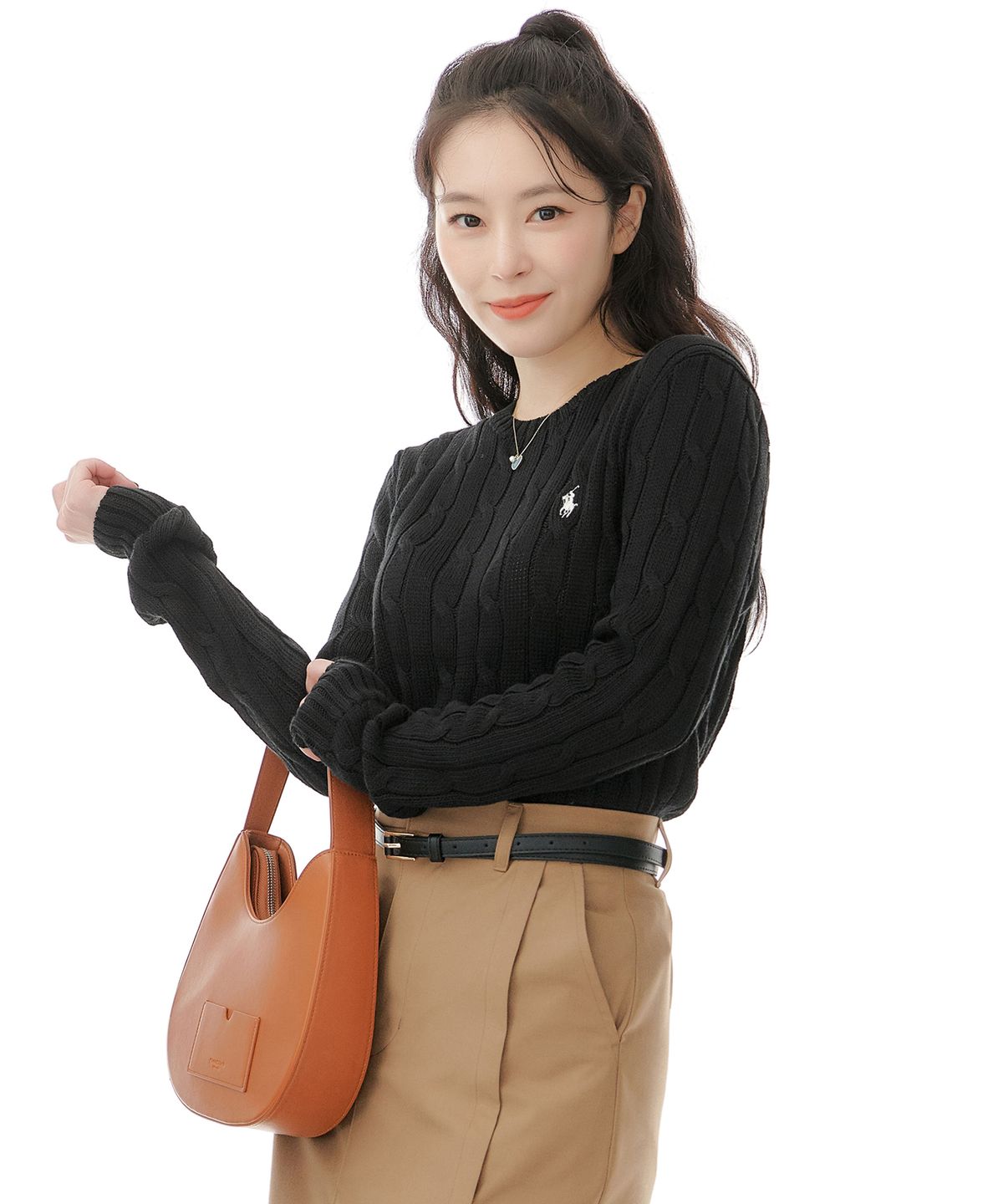 폴로 랄프 로렌(POLO RALPH LAUREN) W 슬림 핏 케이블니트 스웨터 - 블랙