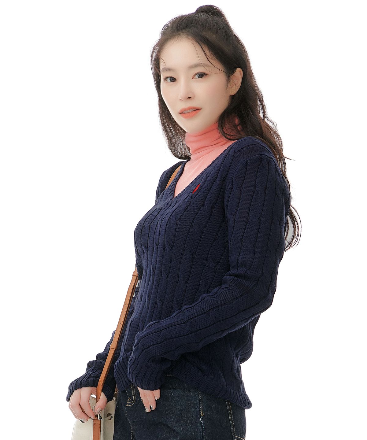 폴로 랄프 로렌(POLO RALPH LAUREN) W 케이블니트 V넥 스웨터 - 네이비