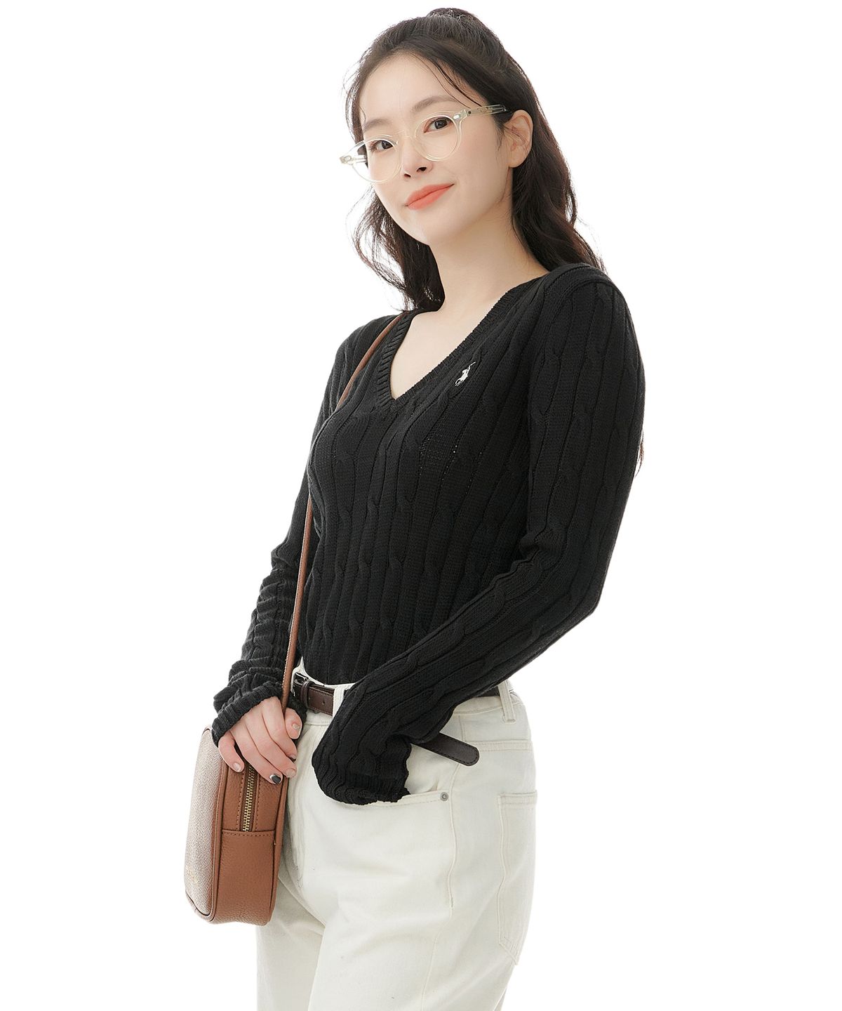 폴로 랄프 로렌(POLO RALPH LAUREN) W 케이블니트 V넥 스웨터 - 블랙