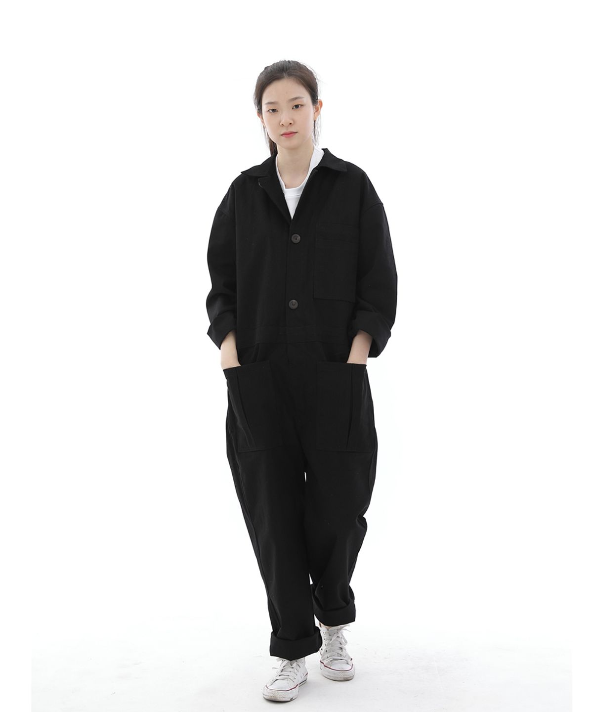 세인트크루(SAINTCREW) 오버라운드 테이퍼드 카고 점프슈트 OT-502C 블랙