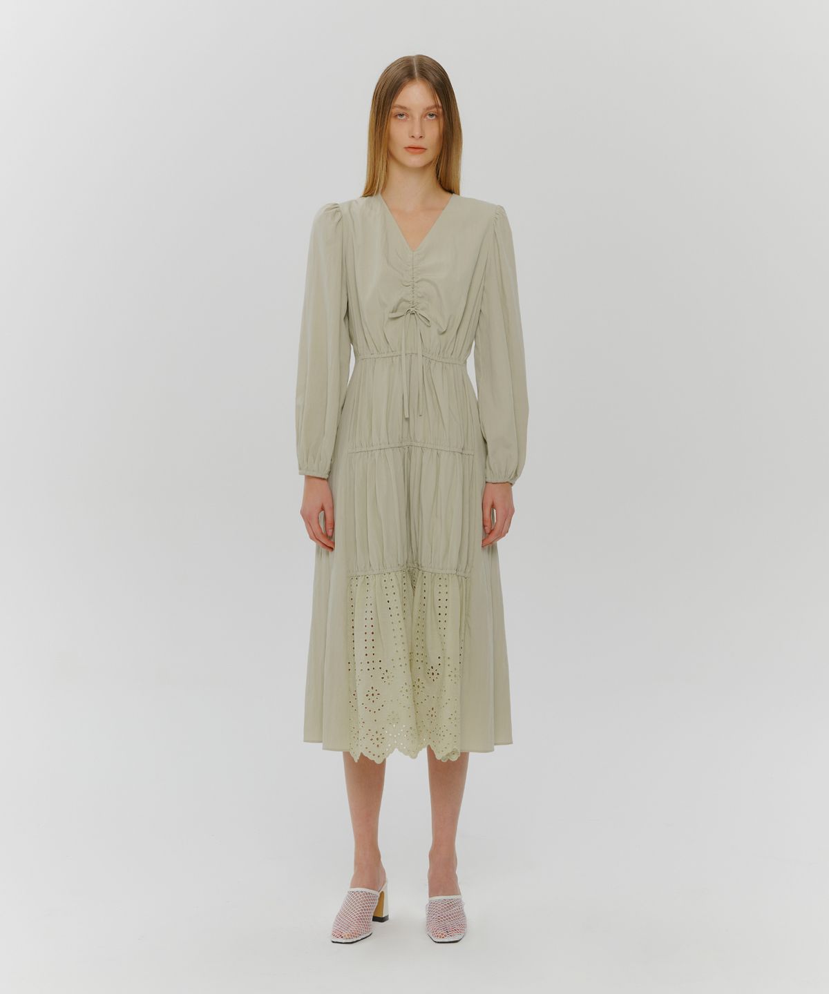 에트몽(ETMON) Stair Shirring Punching Dress  Light Green