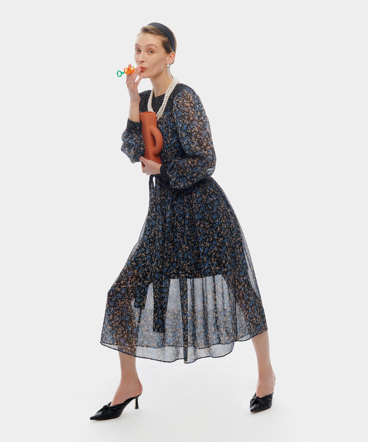 에트몽(ETMON) Smock Shirring Lace Dress  Blue