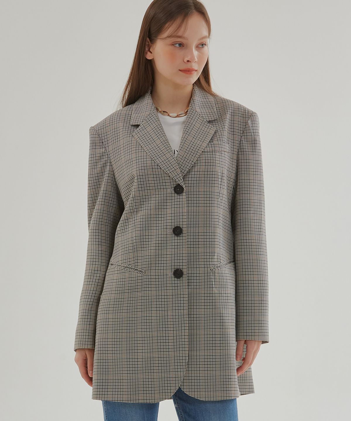 포지티브 바이브(POSITIVE VIBE) Oversized single breasted wool jacket(Gray Check&Orange Marmalade)
