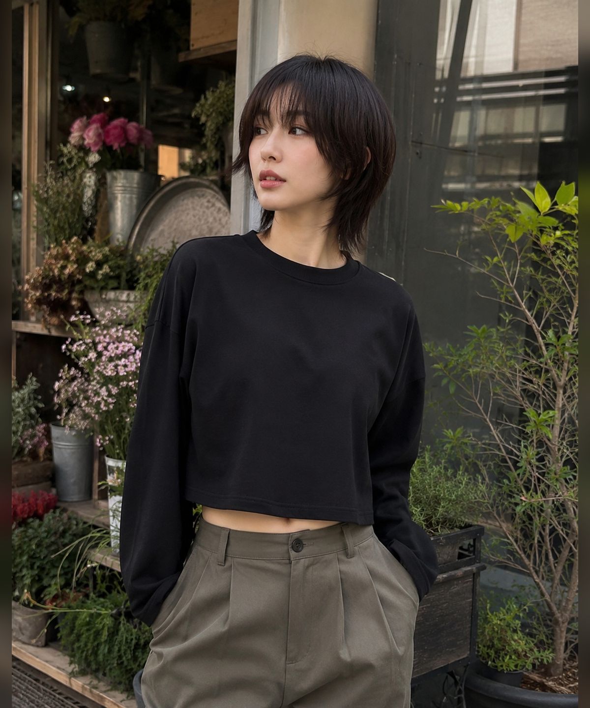 콜릿(KOLEAT) WOMEN 크롭 오버핏 순면 무지 긴팔티 롱슬리브 [블랙]
