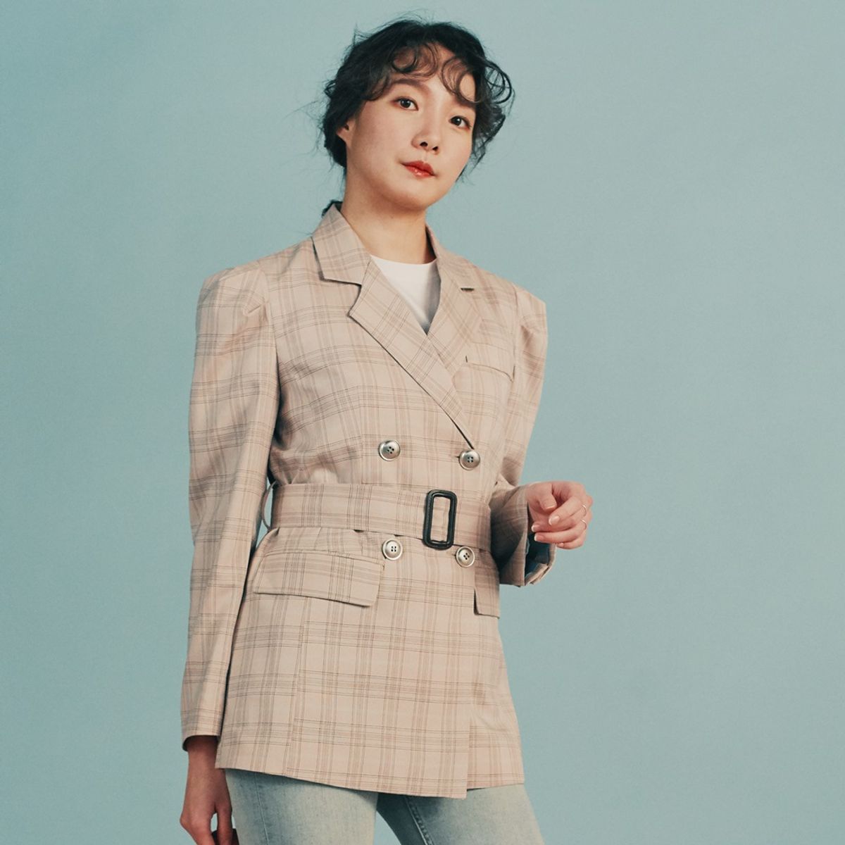 프린제이(PREENJ) 체크 테일러드 더블자켓