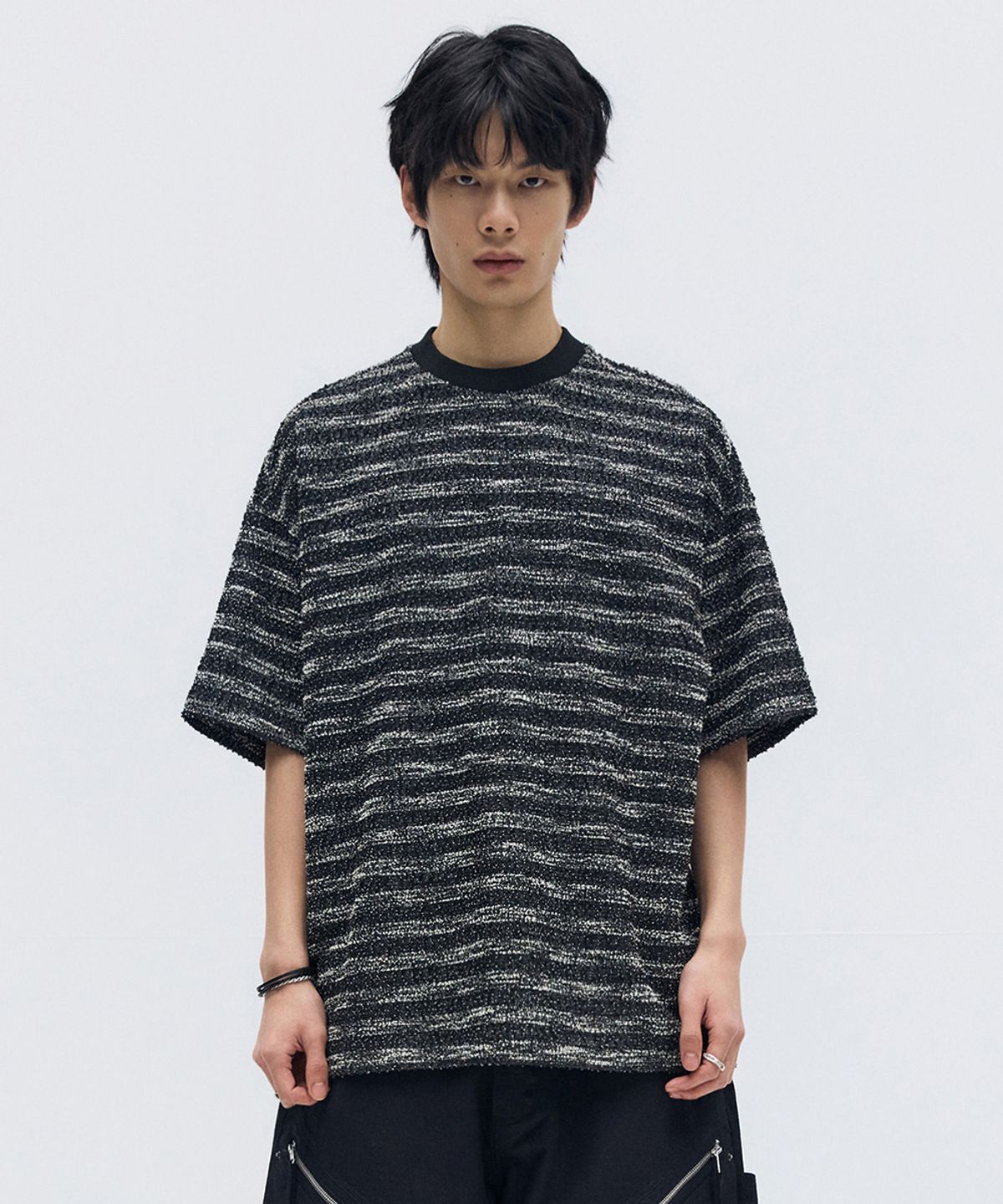 메종미네드(MAISON MINED) [2STYLE] MIXED BOUCLE KNIT HALF SLEEVE BLACK
