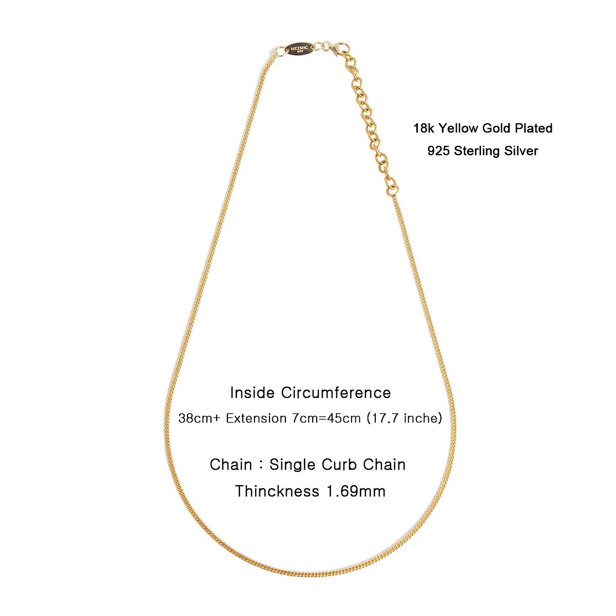 매즈믹(MEZMIC) Curb 체인 18k 골드플레이티드 925 스털링 실버 목걸이 45cm
