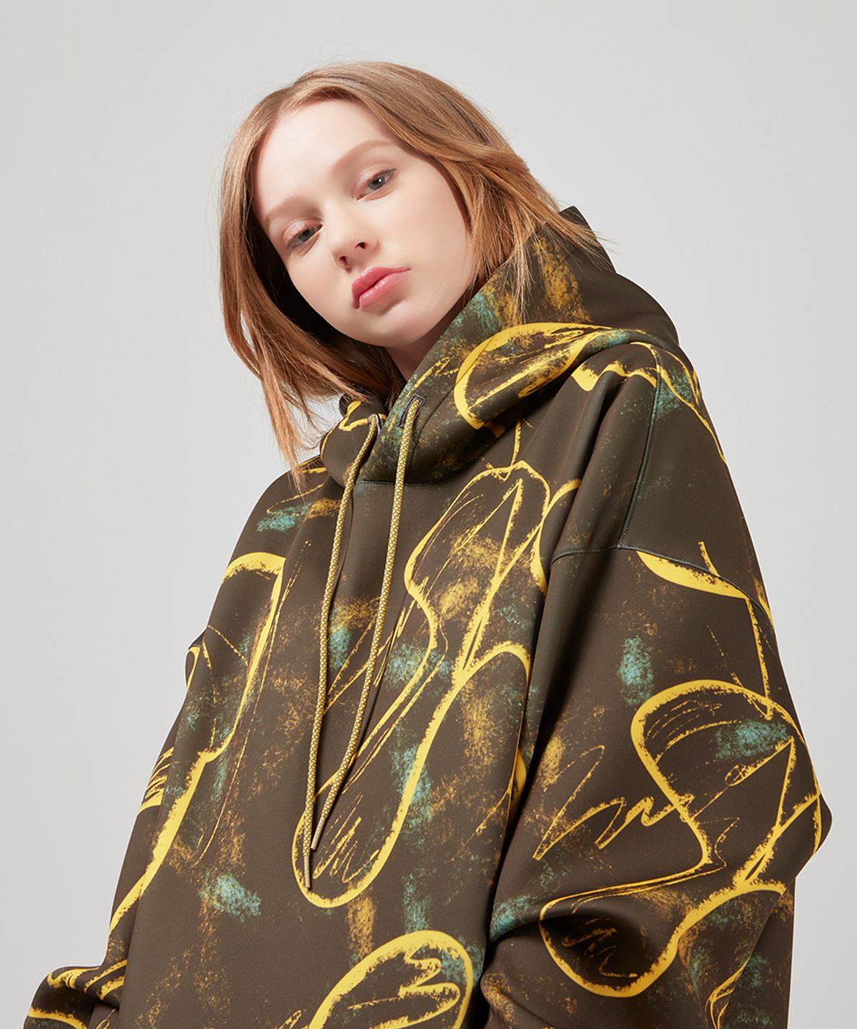 에스에스큐알(SSQR) Unisex Printed Neoprene Hooded Sweatshirt DAHD_Brown