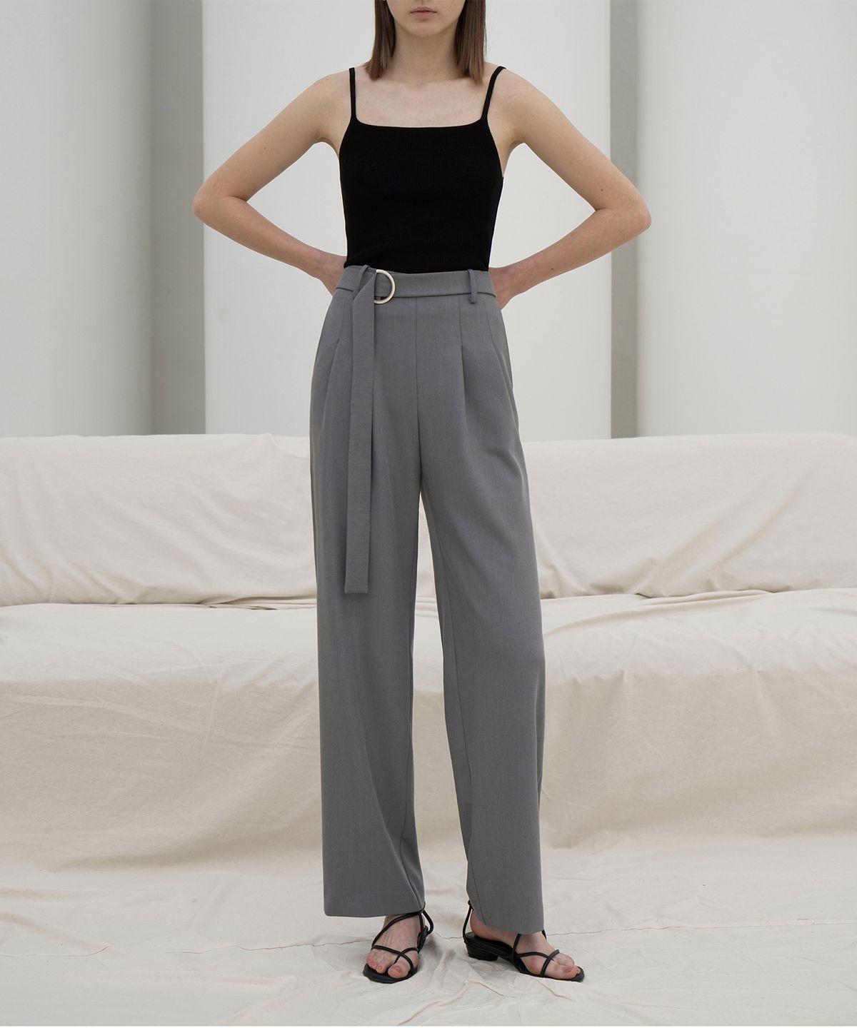 리이(RE RHEE) STRAIGHT WIDE LEG SLACKS TROUSERS GY