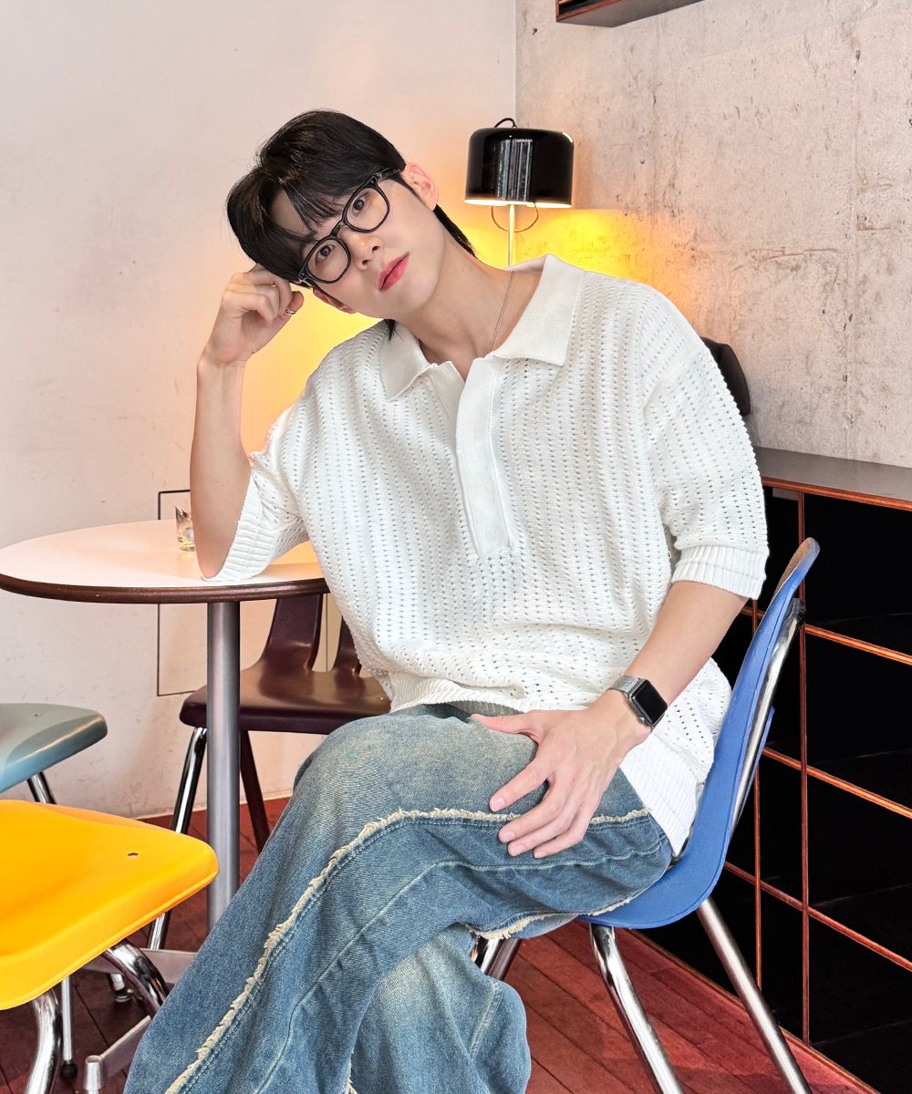 MUSINSA | MAISON MINED BUTTER CREAM KNIT HALF SHIRTS