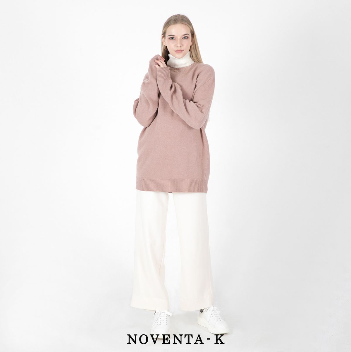 노벤타 케이(NOVENTA-K) 홀가먼트 라운드 니트 Pink beige