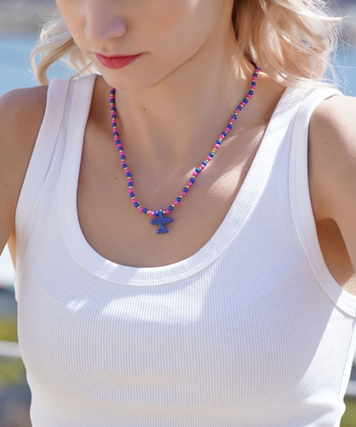 봉보(BONBEAU) Formica airplane colorball Necklace 호마이카 투톤컬러 비행기 비즈 목걸이