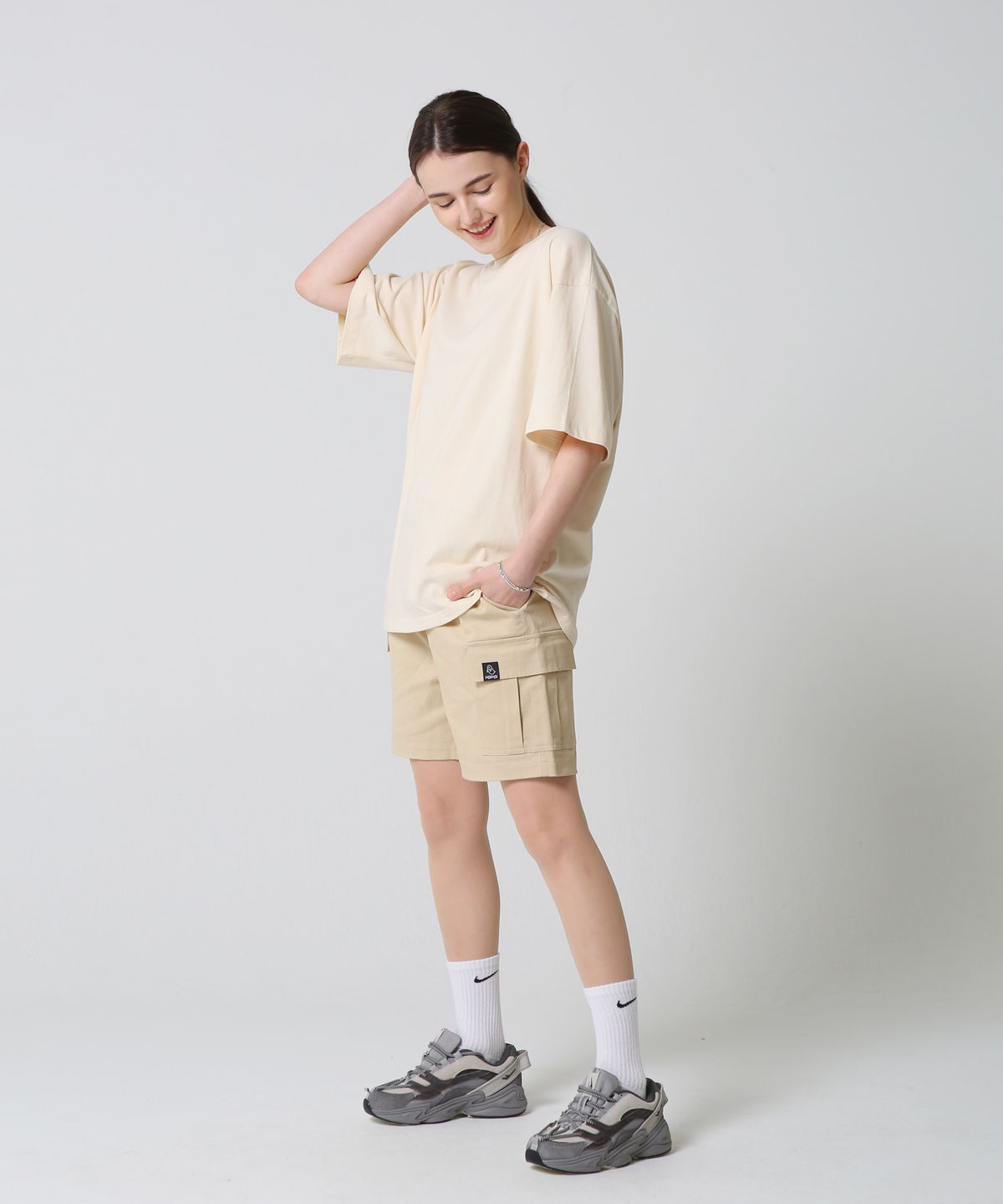 모즈모즈(MOZMOZ) [M-3XL] 남녀공용 베이직 코튼 카고 반바지_베이지