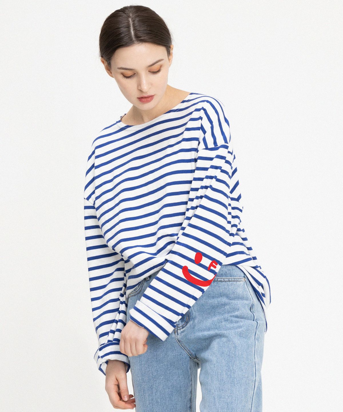 그레이버(GRAVER) [UNISEX]엘보우 스마일드로잉 스트라이프 롱슬리브_블루