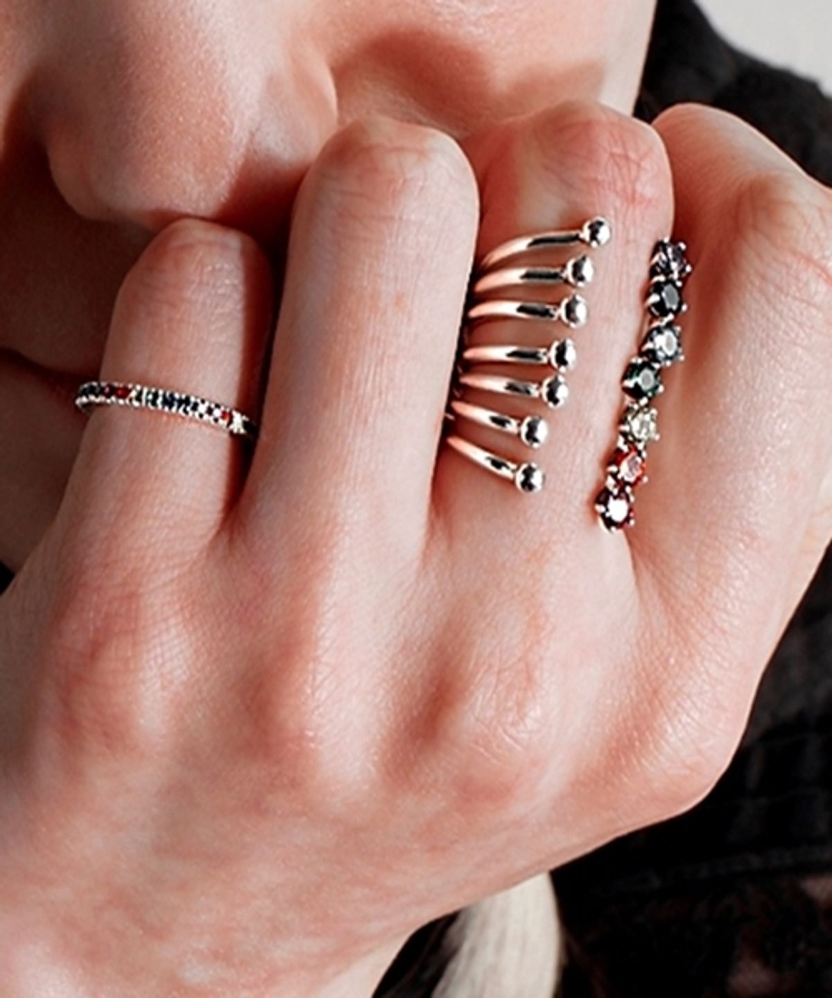 봉보(BONBEAU) Rainbow stone open ring 큐빅 레이어드 반지 7color