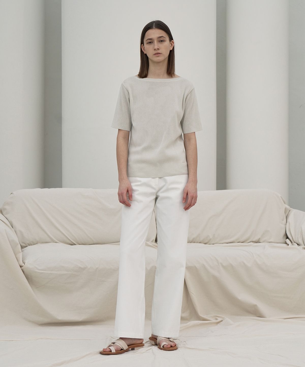 리이(RE RHEE) 2COLOR BOAT NECK SHORT SLEEVED KNIT TOP SV