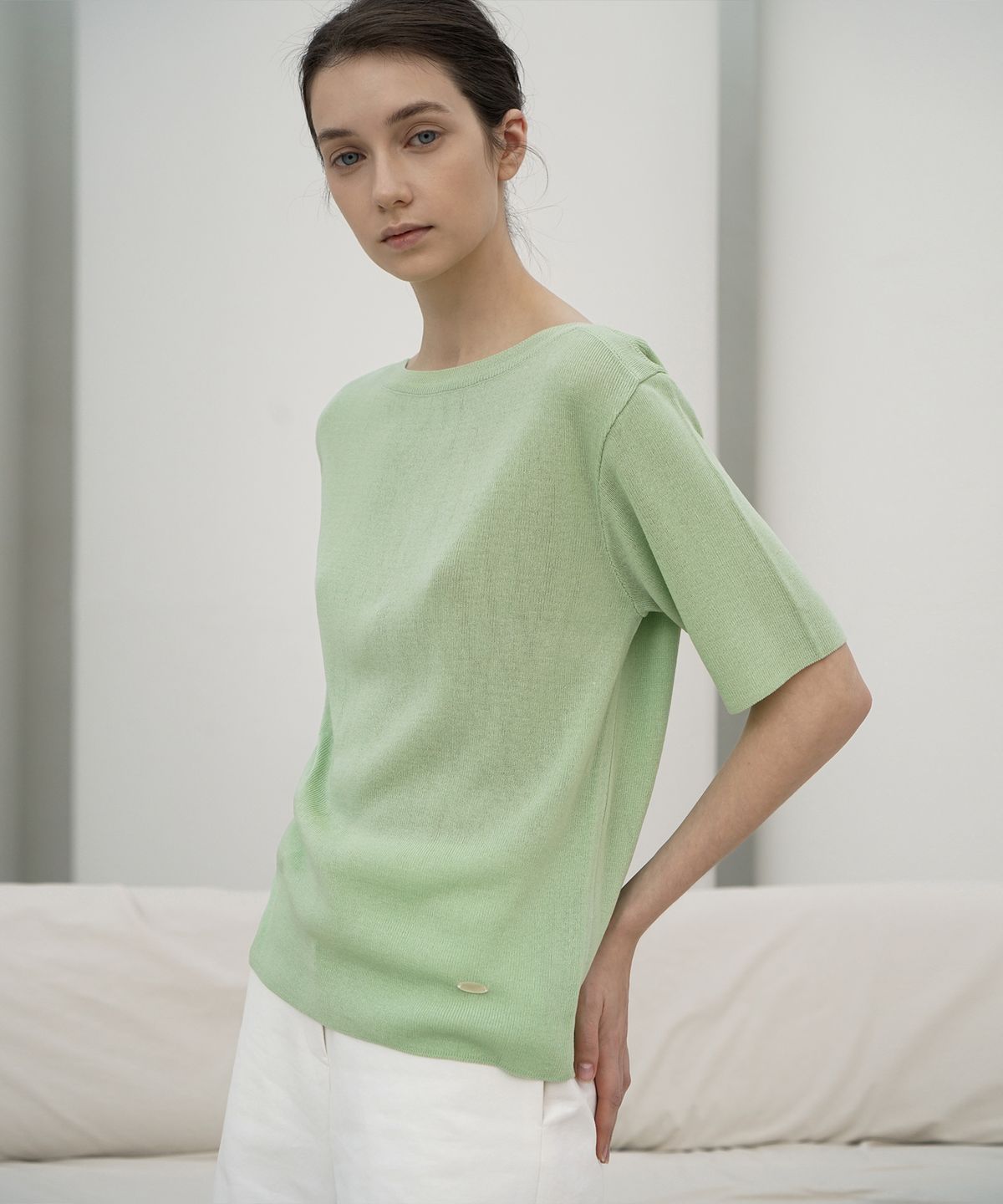 리이(RE RHEE) 2COLOR BOAT NECK SHORT SLEEVED KNIT TOP LG