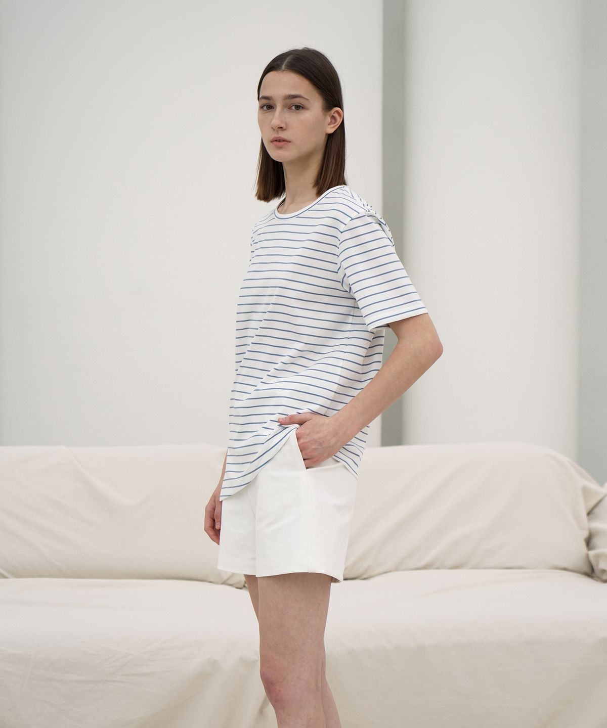 리이(RE RHEE) STRIPED COTTON BLEND T SHIRT