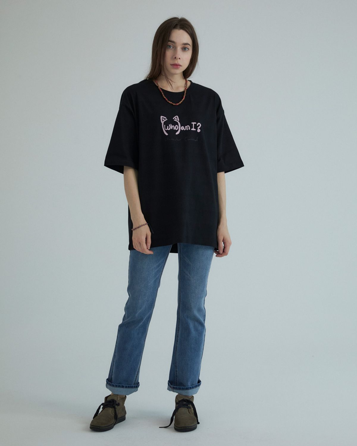 누스카(NUSKA) 후엠아이 남녀공용 오버핏 반팔 티셔츠(블랙)