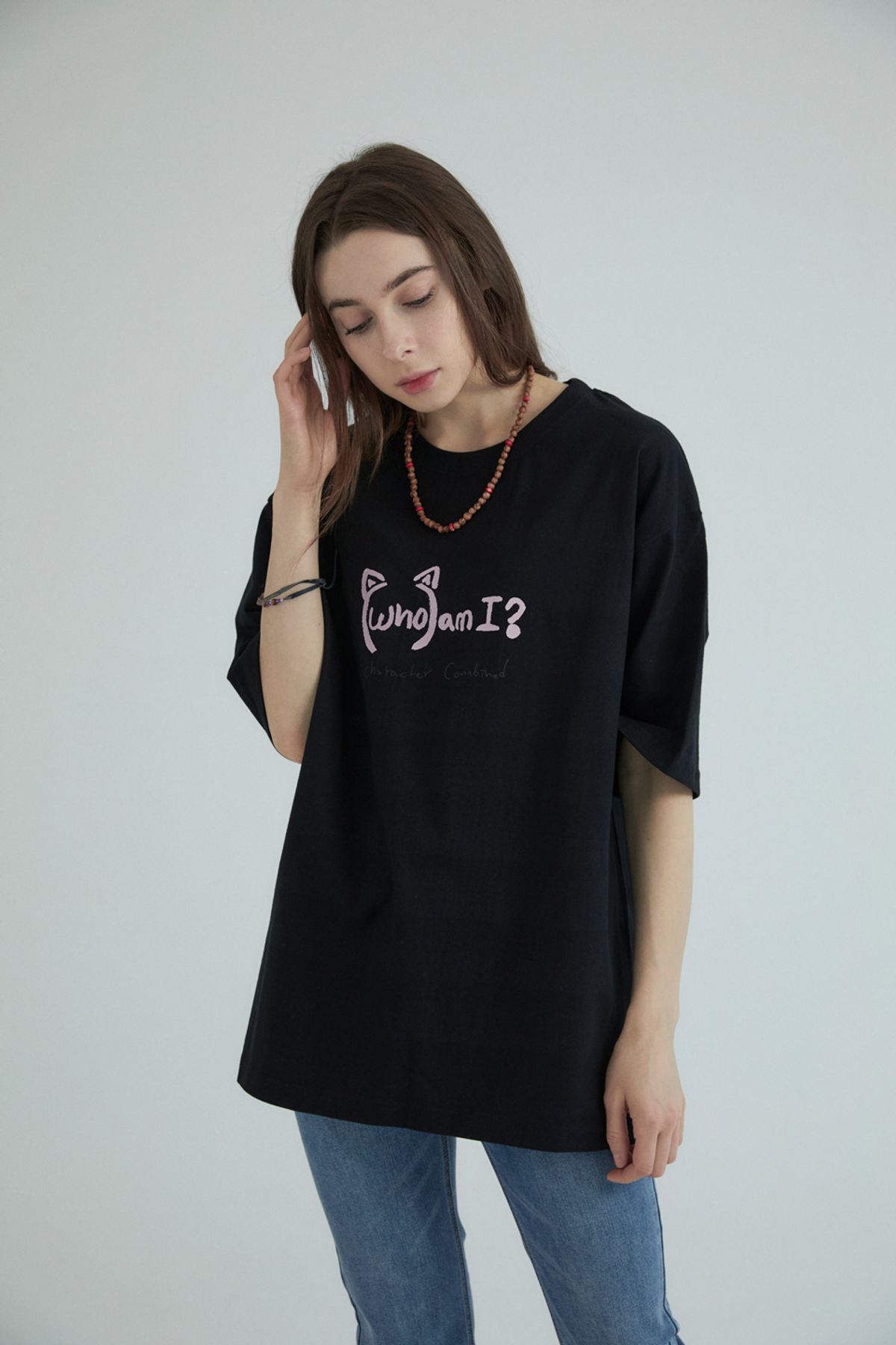 누스카(NUSKA) 후엠아이 남녀공용 오버핏 반팔 티셔츠(블랙)