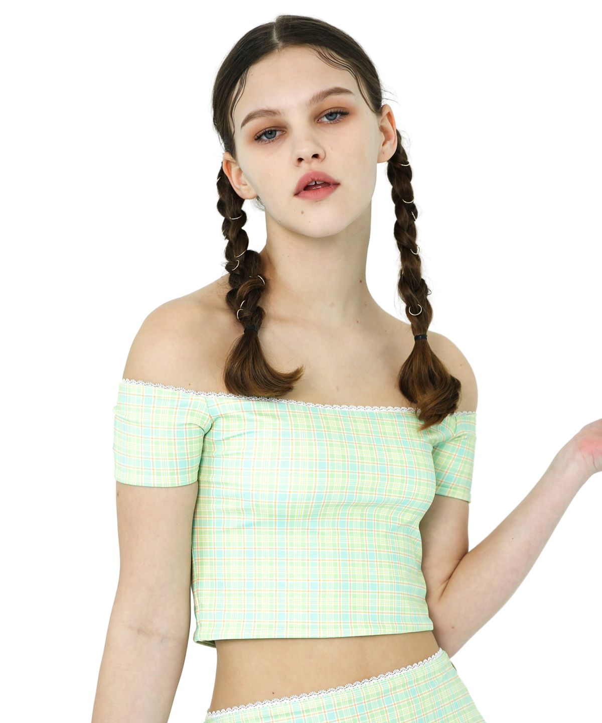 어나더에이(ANOTHER A) Check Off-Shoulder Top[ Pink/Yellowgeen ]