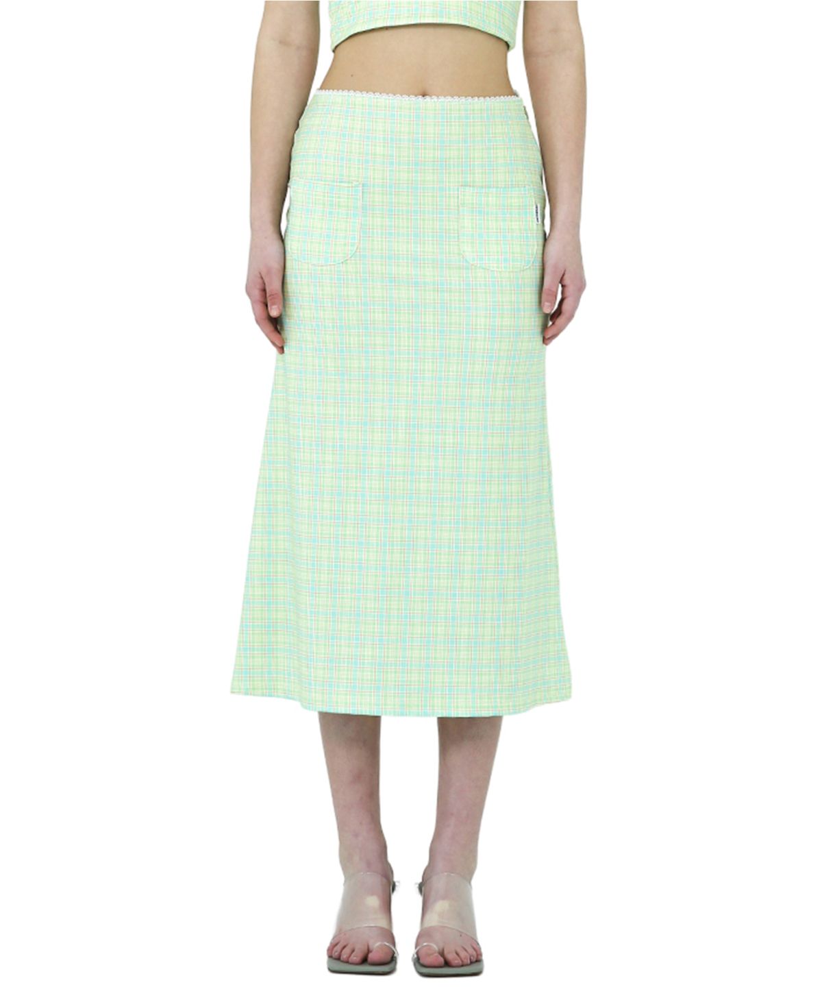 어나더에이(ANOTHER A) Check Mermaid Skirt [ Pink/Yellowgreen ]