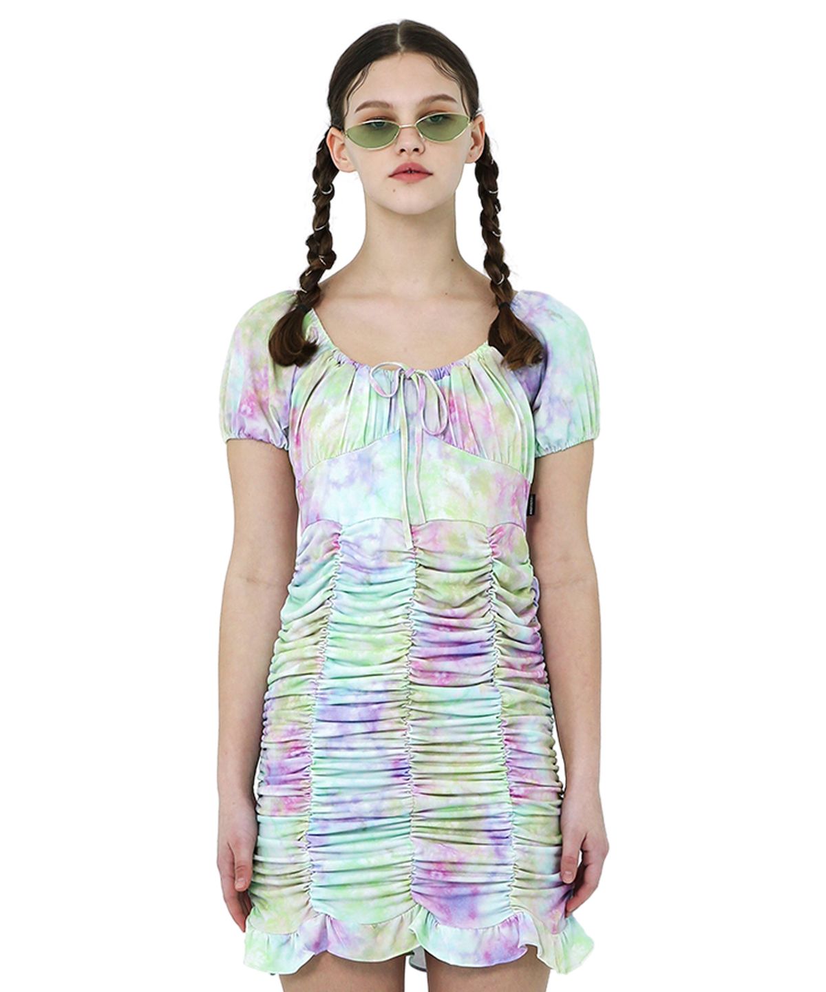 어나더에이(ANOTHER A) Shirring mini dress [ White/Aurora ]