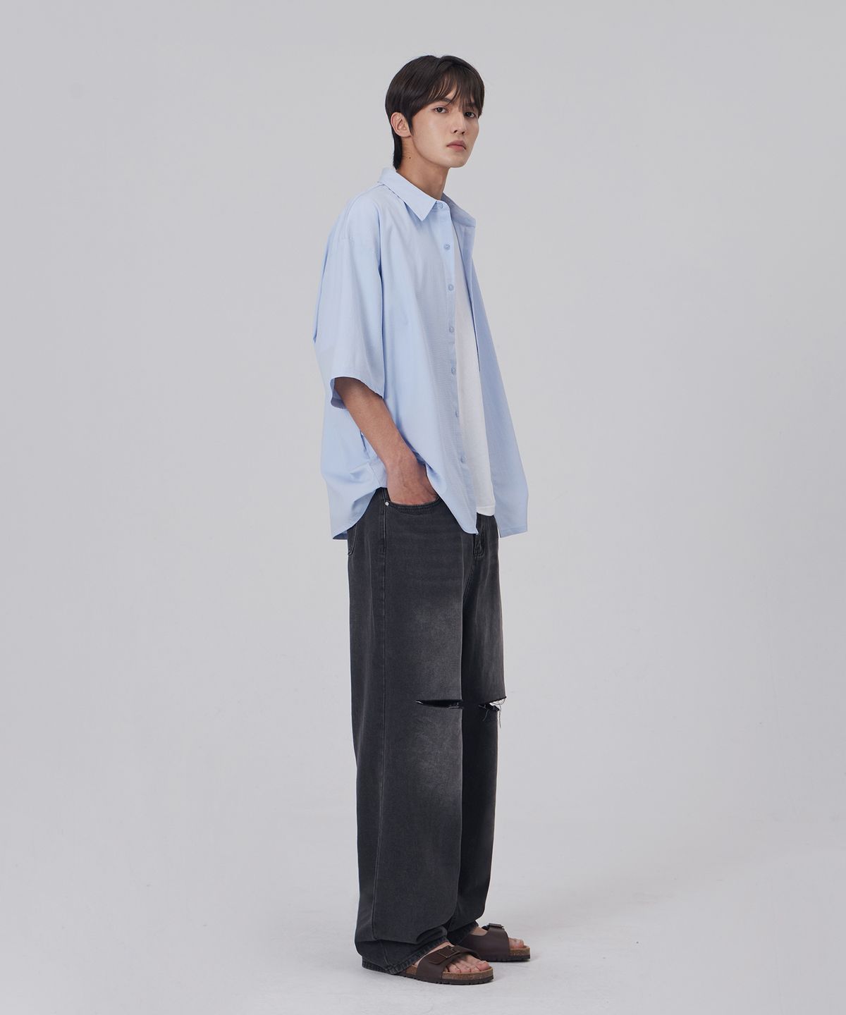 굿라이프웍스(GLW) 오버핏 시어서커 반팔셔츠 라이트블루