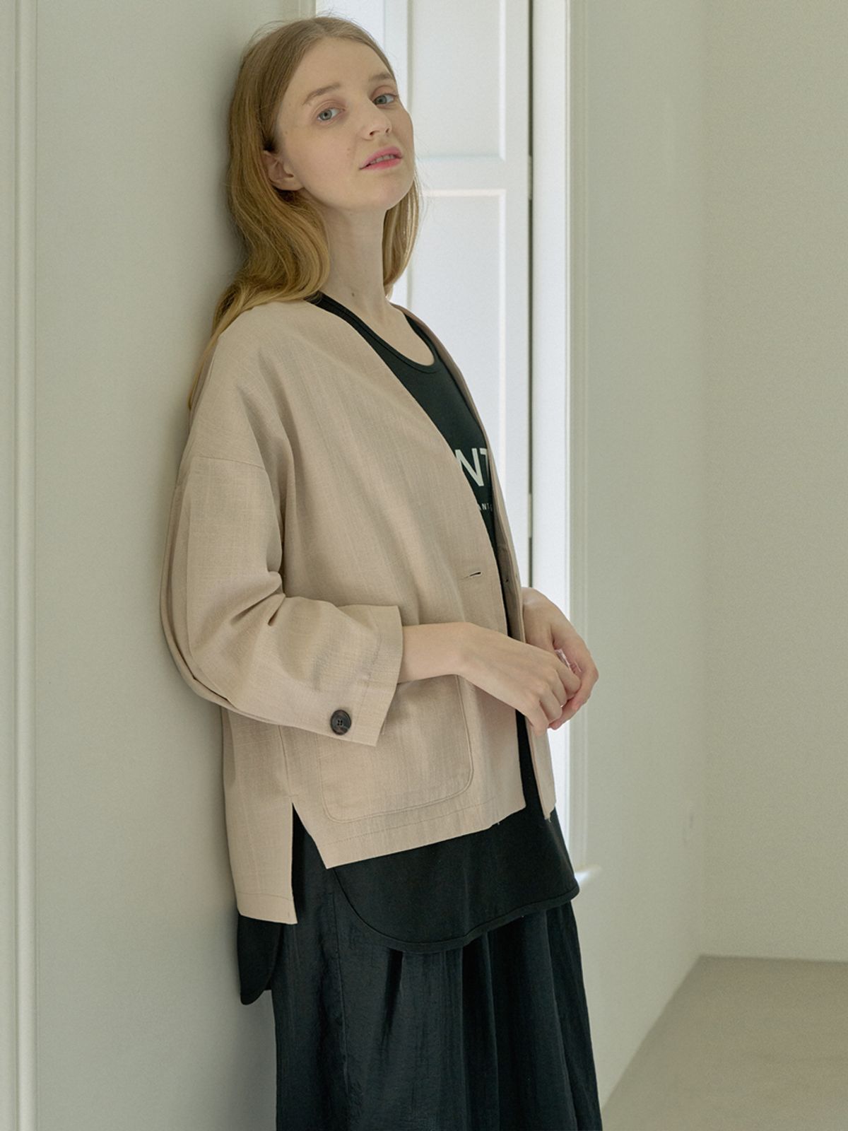 아방(AVANT-G) Volume Sleeve  Linen Cardigan Jacket - Beige