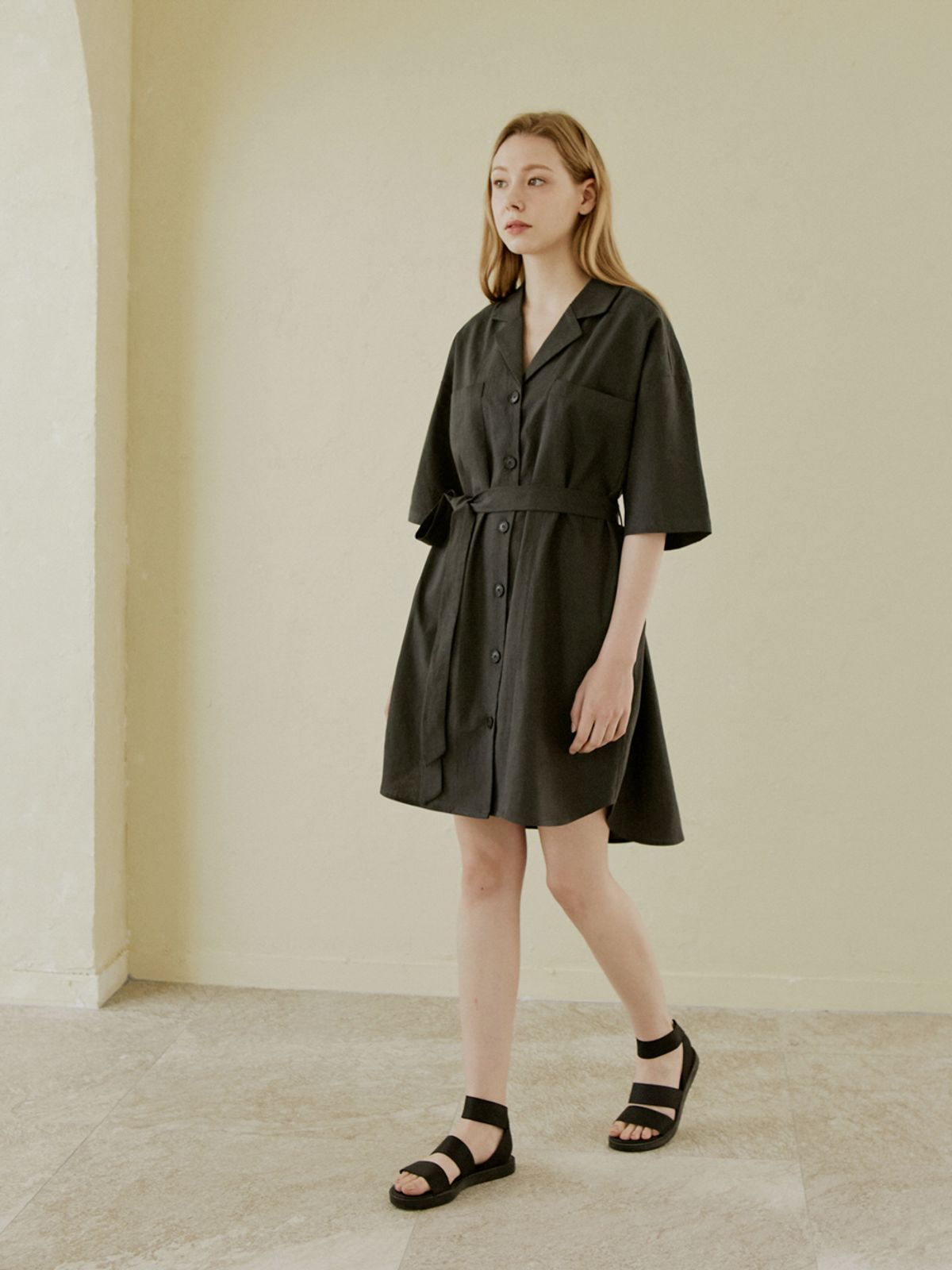 아방(AVANT-G) Oversized Boyfit Linen Shirt Dress - Dark Grey