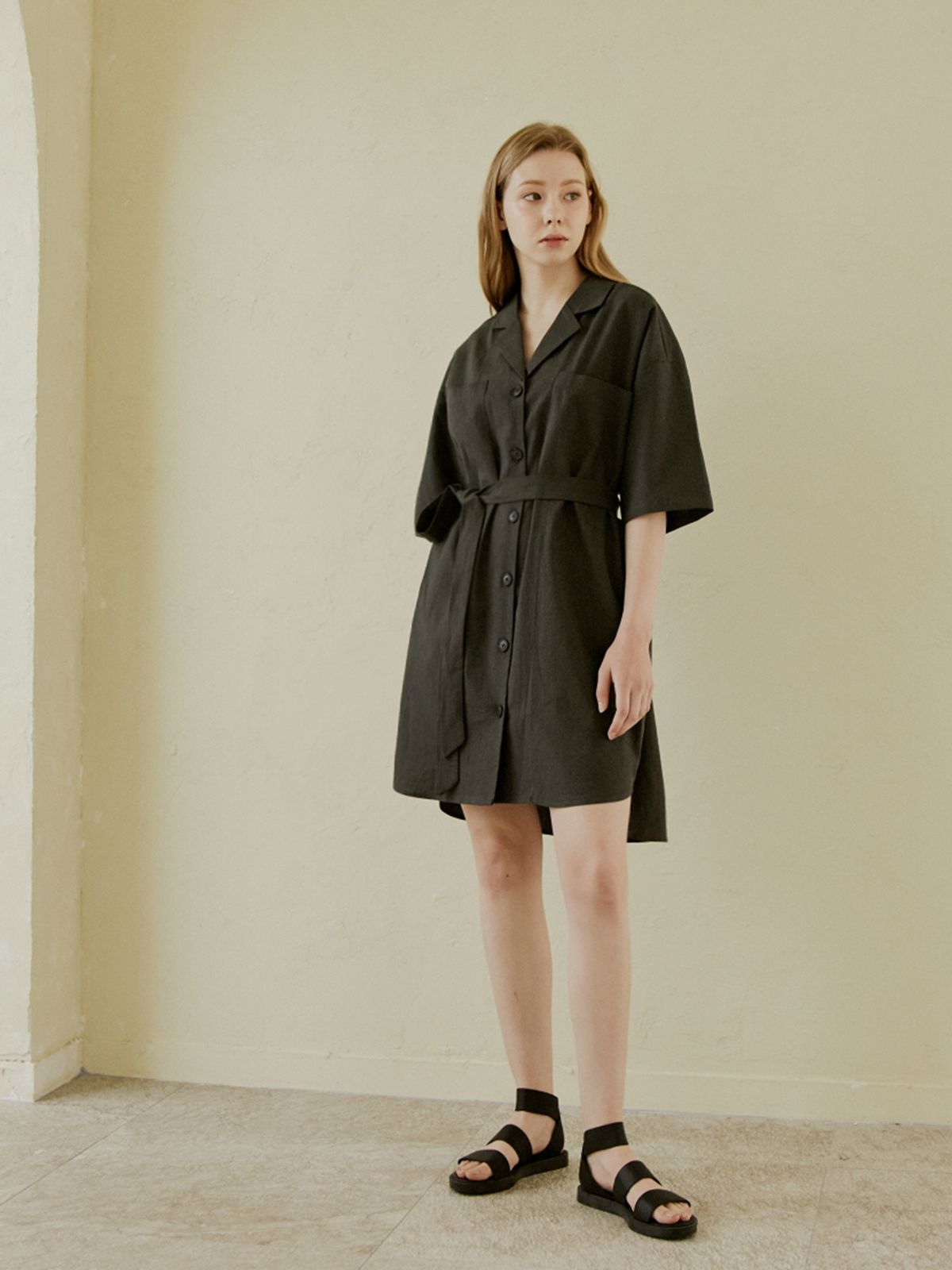 아방(AVANT-G) Oversized Boyfit Linen Shirt Dress - Dark Grey