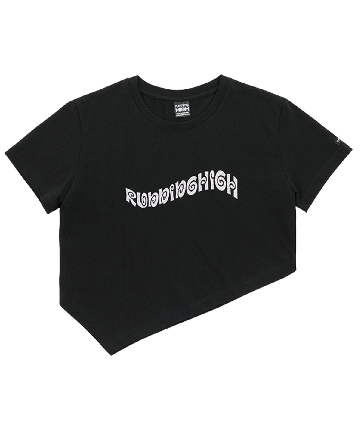 러닝하이(RUNNINGHIGH) 글리터 로고 언밸런스 크롭티 [블랙]