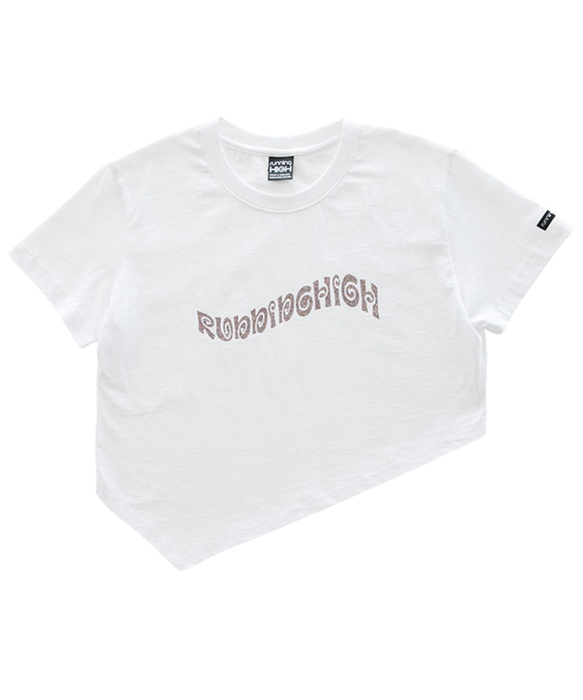 러닝하이(RUNNINGHIGH) 글리터 로고 언밸런스 크롭티 [화이트]
