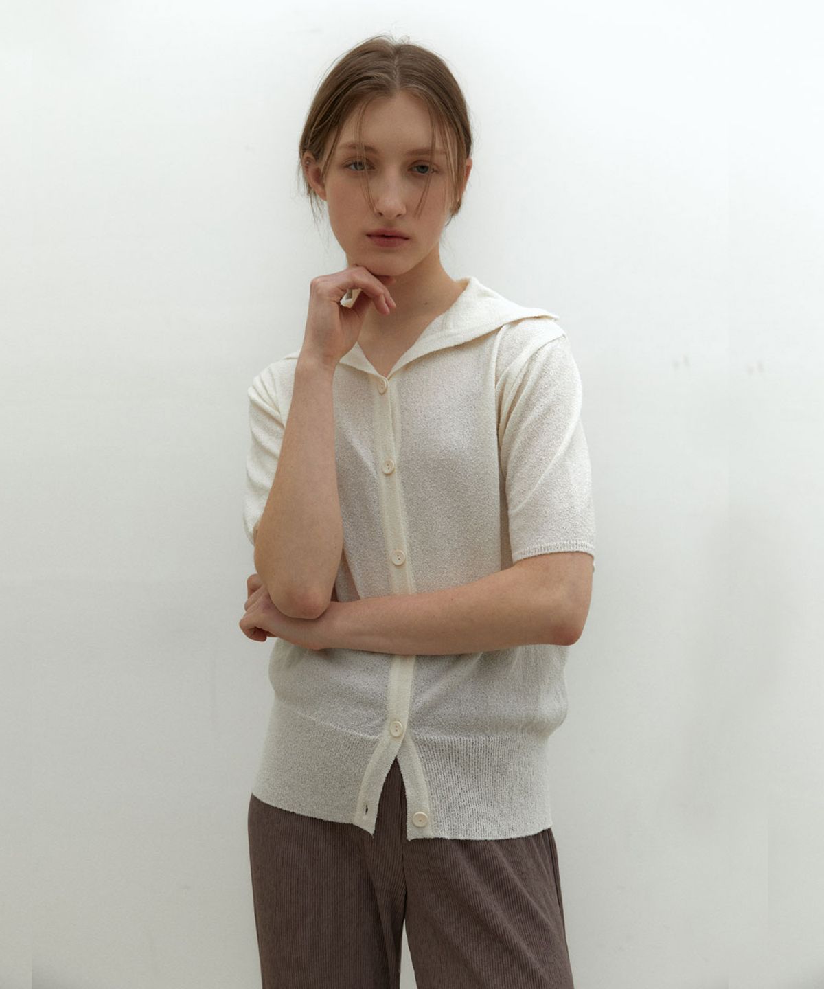 38컴온커먼(38COMEONCOMMON) 21SR OBLONG COLLAR KNIT CARDIGAN (PEAL CREAM)