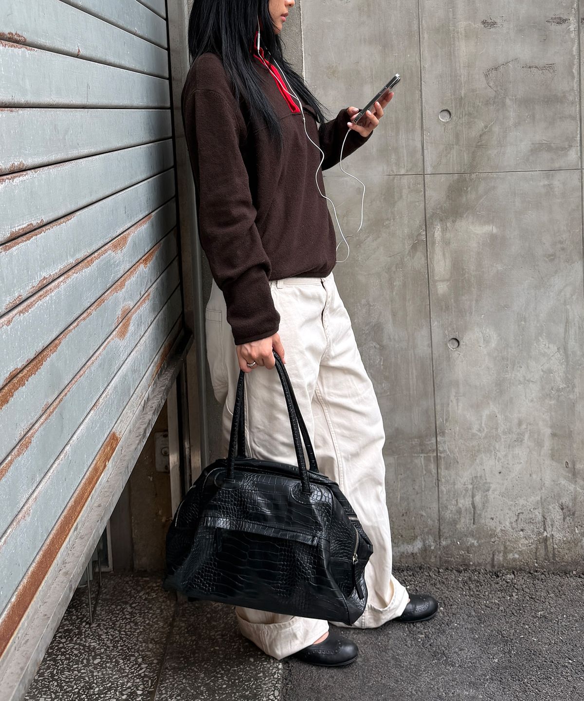 크리스틴프로젝트(CHRISTINE PROJECT) TWO ZIPPER BAG CROC ORIGINAL(BLACK PEPPER)