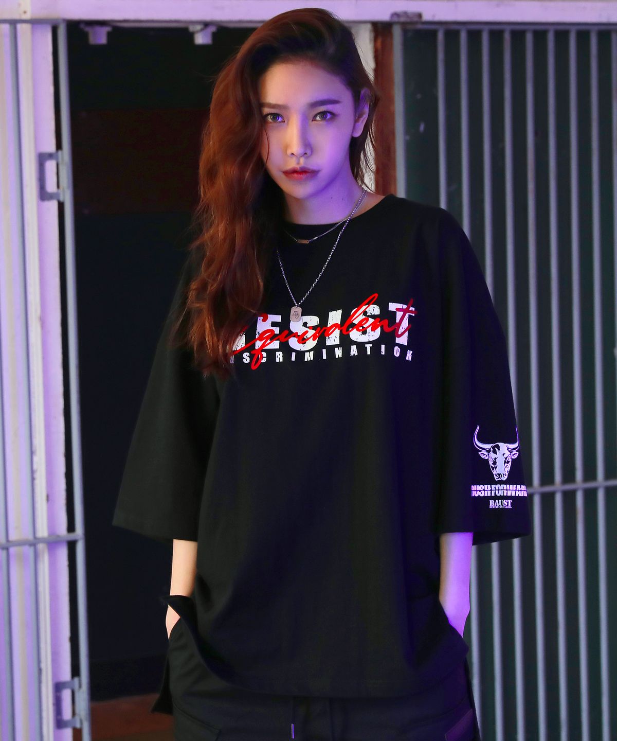 바우스트(BAUST) 버팔로 시그니처 로고 7부소매 해골 반팔티[BLACK]