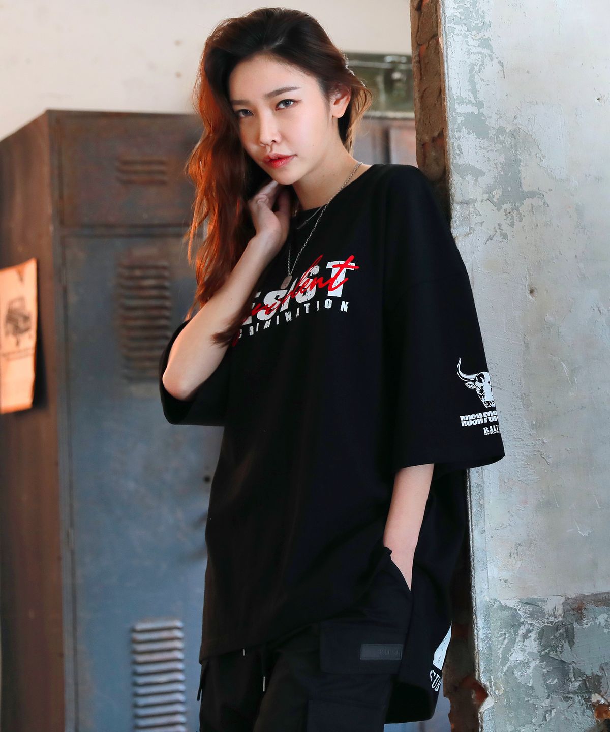 바우스트(BAUST) 버팔로 시그니처 로고 7부소매 해골 반팔티[BLACK]