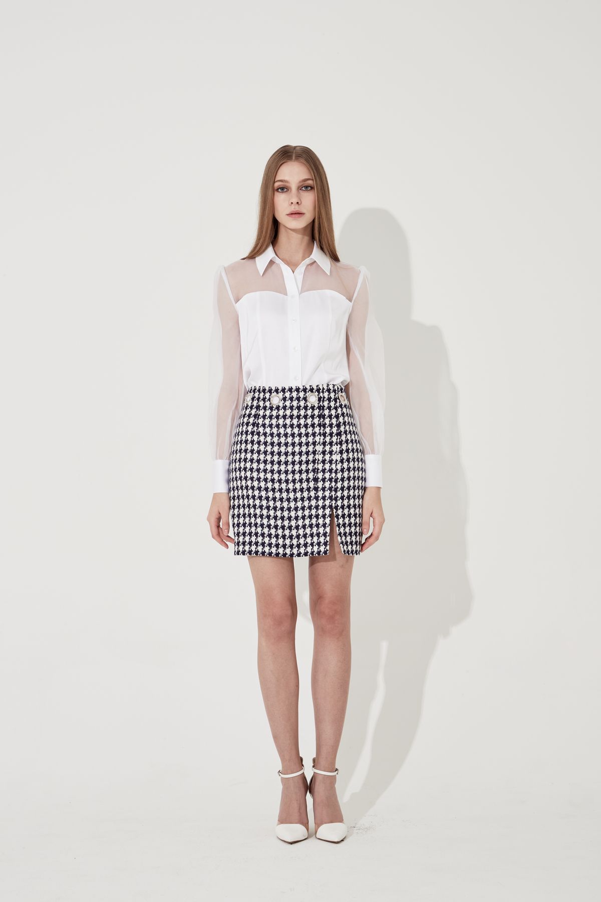 채뉴욕(CHAENEWYORK) Hound tooth check Eyelet Skirt [Navy]