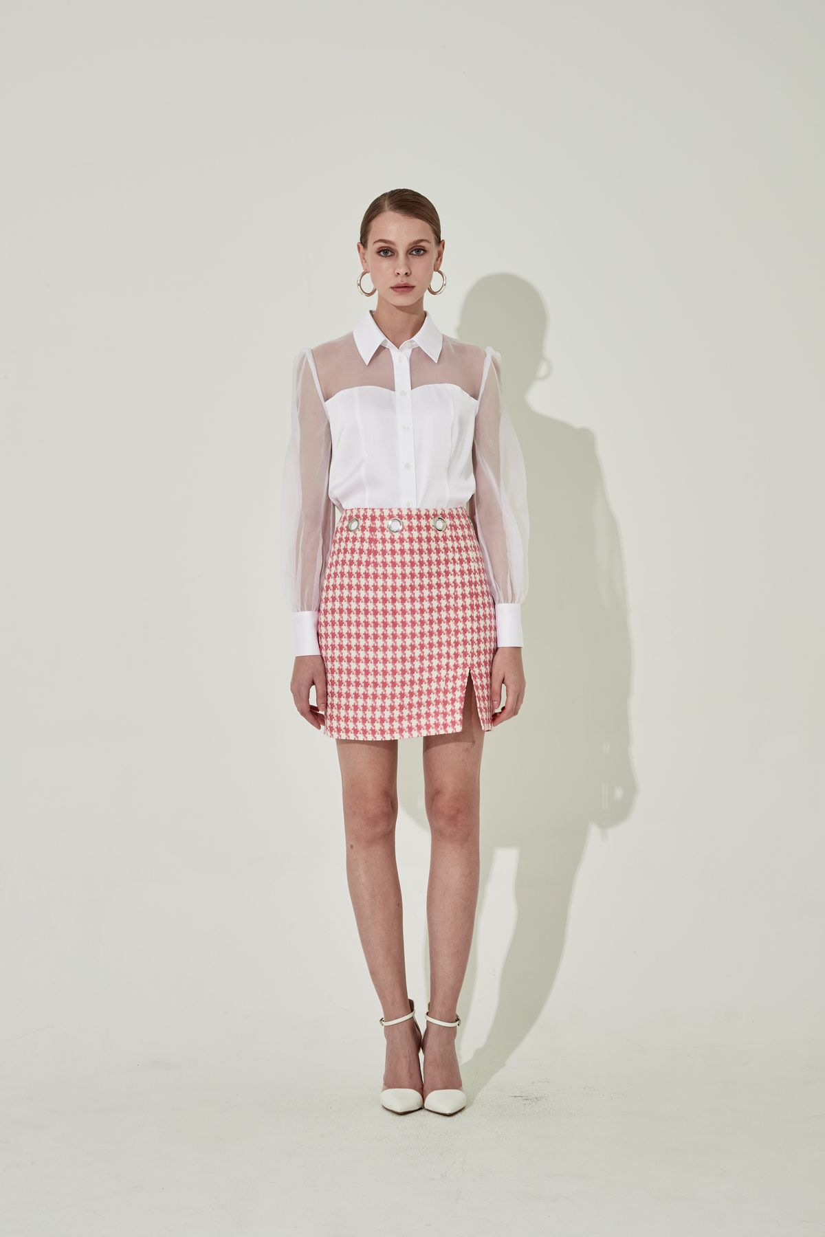 채뉴욕(CHAENEWYORK) Hound tooth check Eyelet Skirt [Pink]