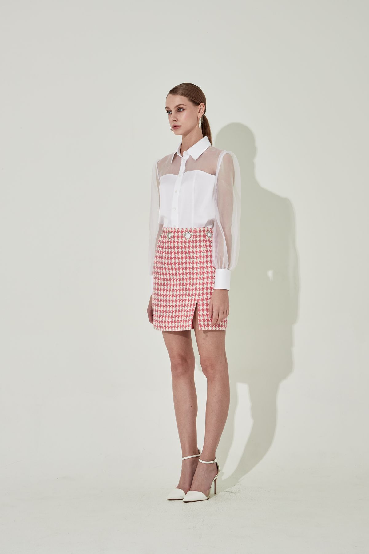 채뉴욕(CHAENEWYORK) Hound tooth check Eyelet Skirt [Pink]